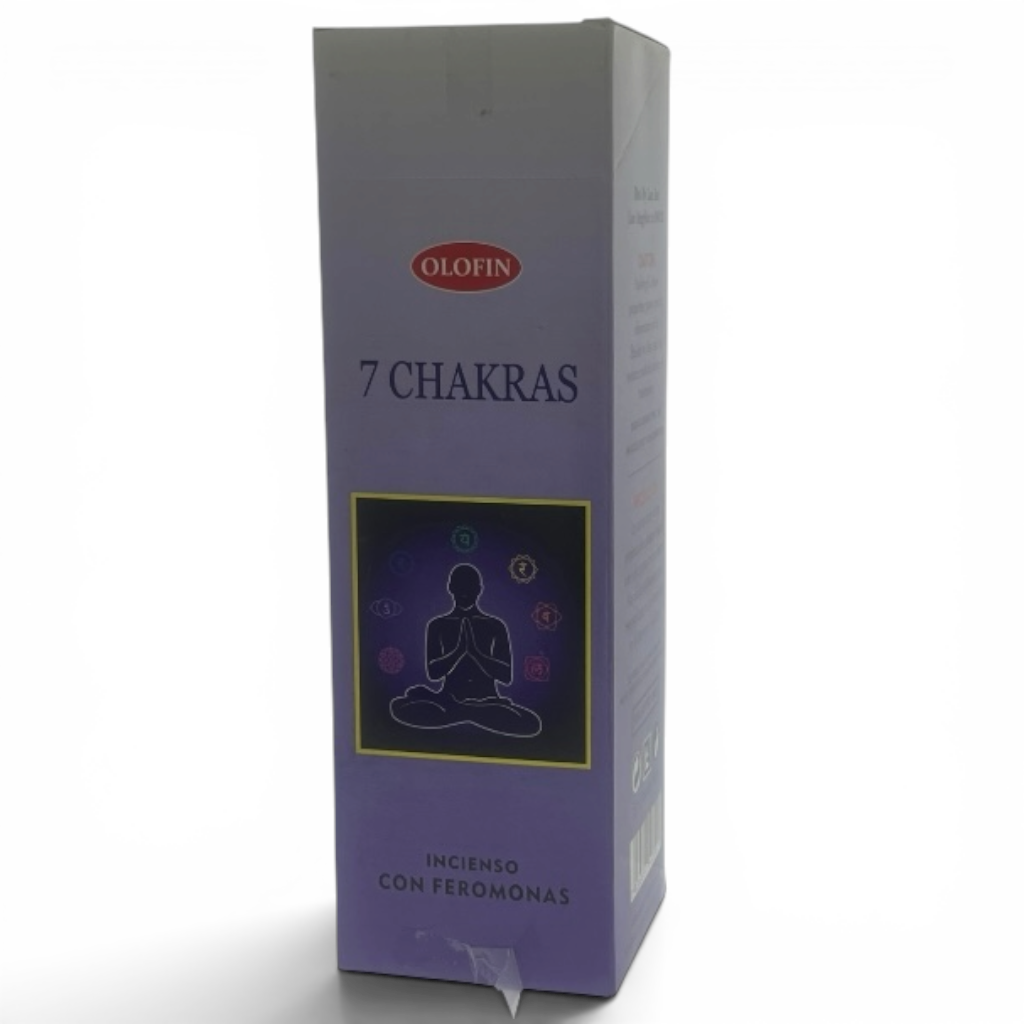 A tall rectangular Olofin '7 Chakras' incense box in lavender purple with a red Olofin logo and a chakra symbol graphic, photographed on a white background.