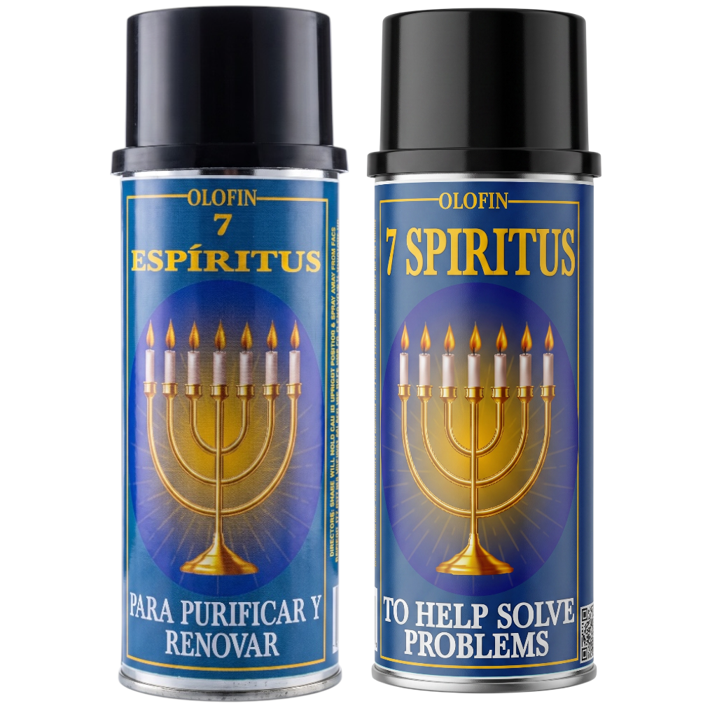 Two Olofin 7 Espíritus spray cans with black caps and blue labels featuring a golden menorah, shown side by side on a white background.