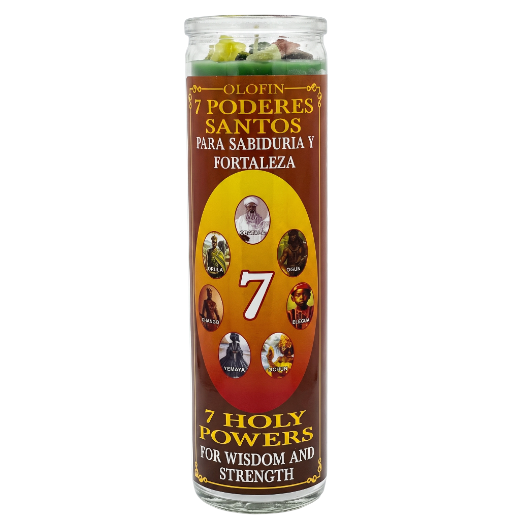 A tall glass jar prayer candle labeled '7 Poderes Santos' and '7 Holy Powers' with a brown and yellow label, shown on a plain white background.