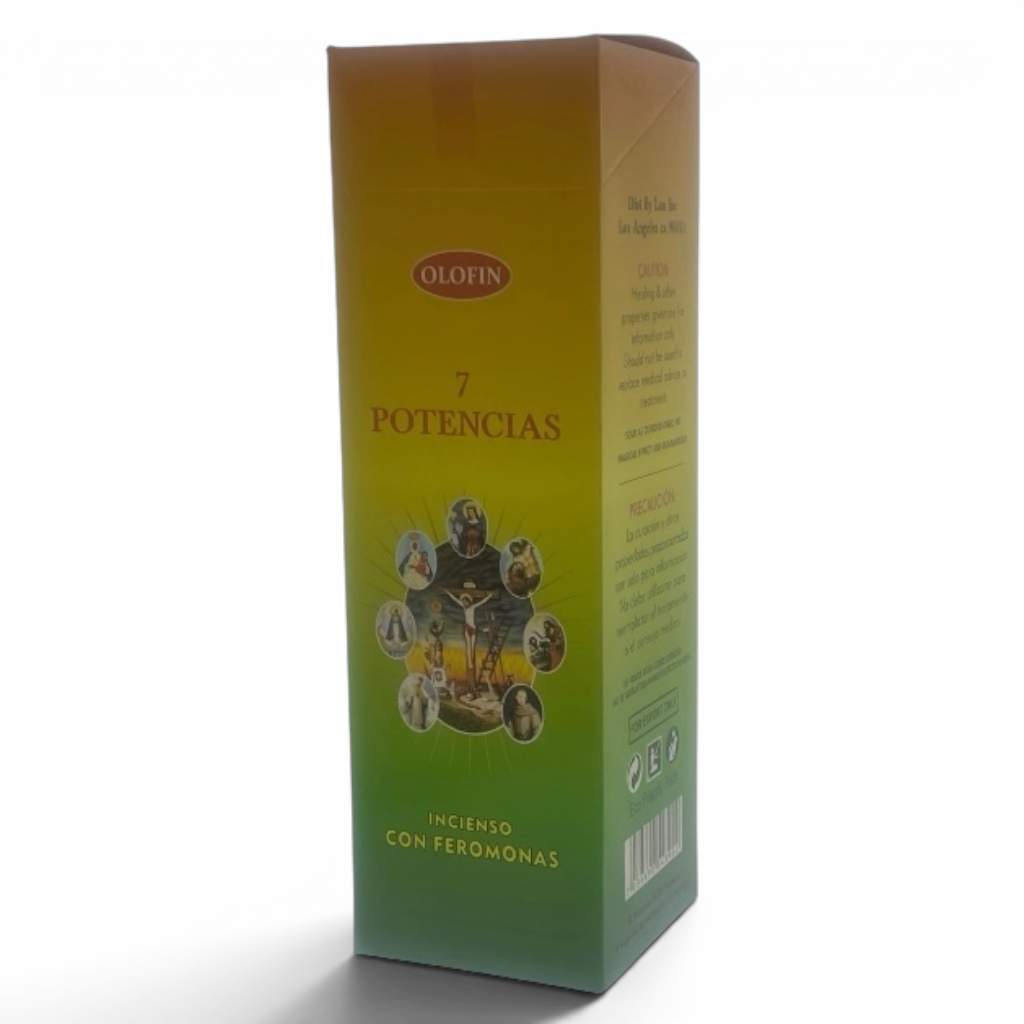 A tall rectangular product box for Olofin 7 Potencias incienso con feromonas, featuring a yellow-to-green gradient design with product imagery on the front, photographed on a white background.