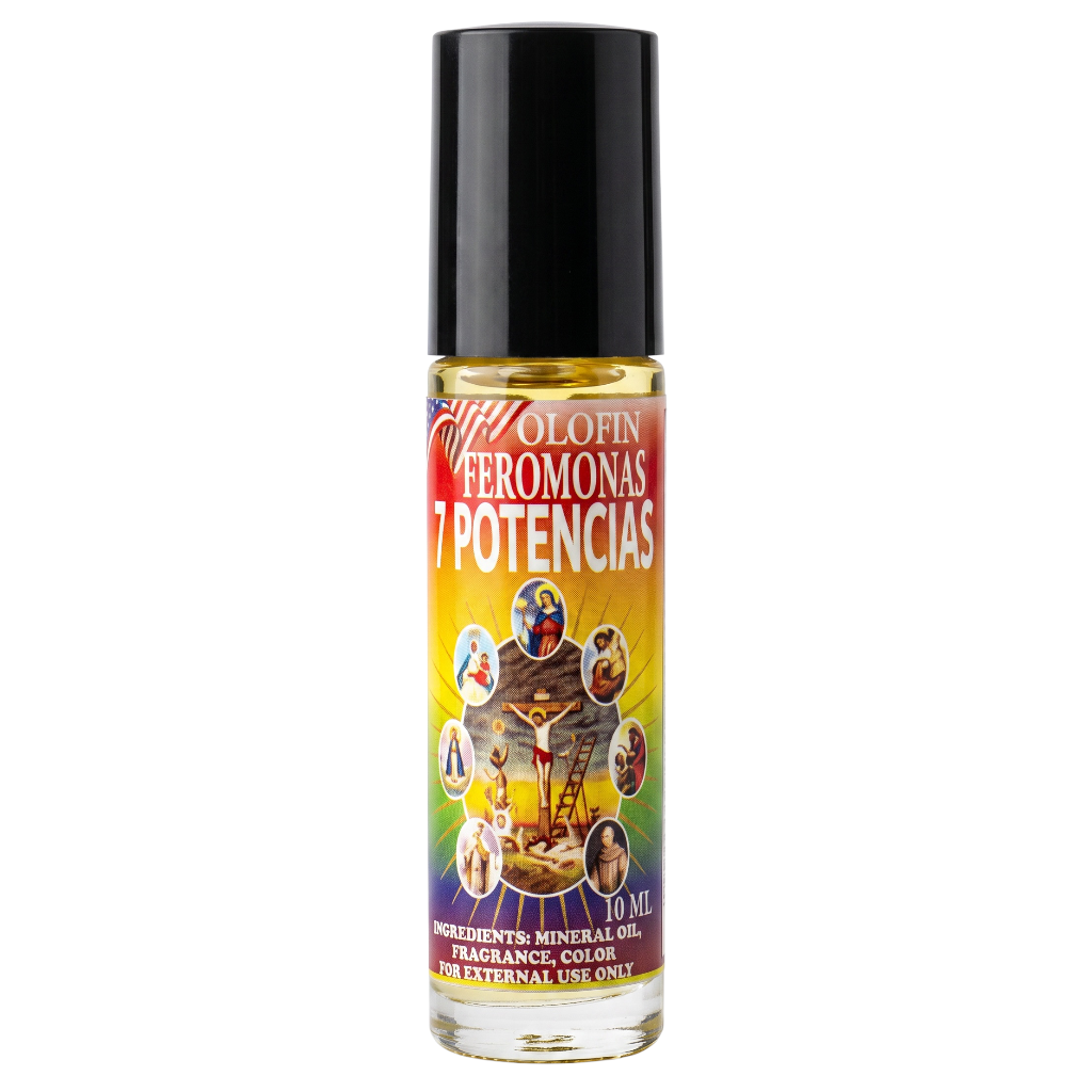A 10 ml roll-on bottle of '7 Potencias' by 'Alofin' with a black cap and a colorful label featuring a cat and various icons, set against a plain white background.