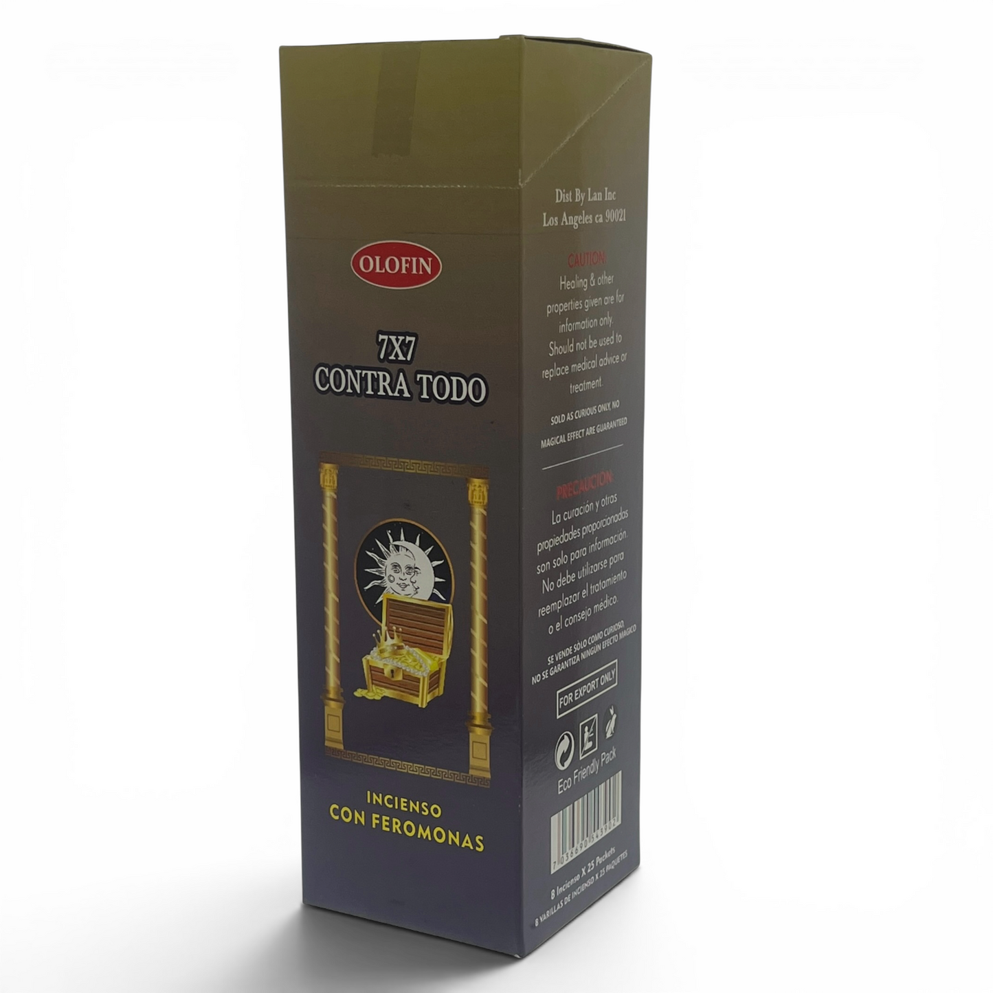 A tall rectangular box of Olofin 7X7 Contra Todo incense with feromones, shown on a clean white background with a soft shadow.