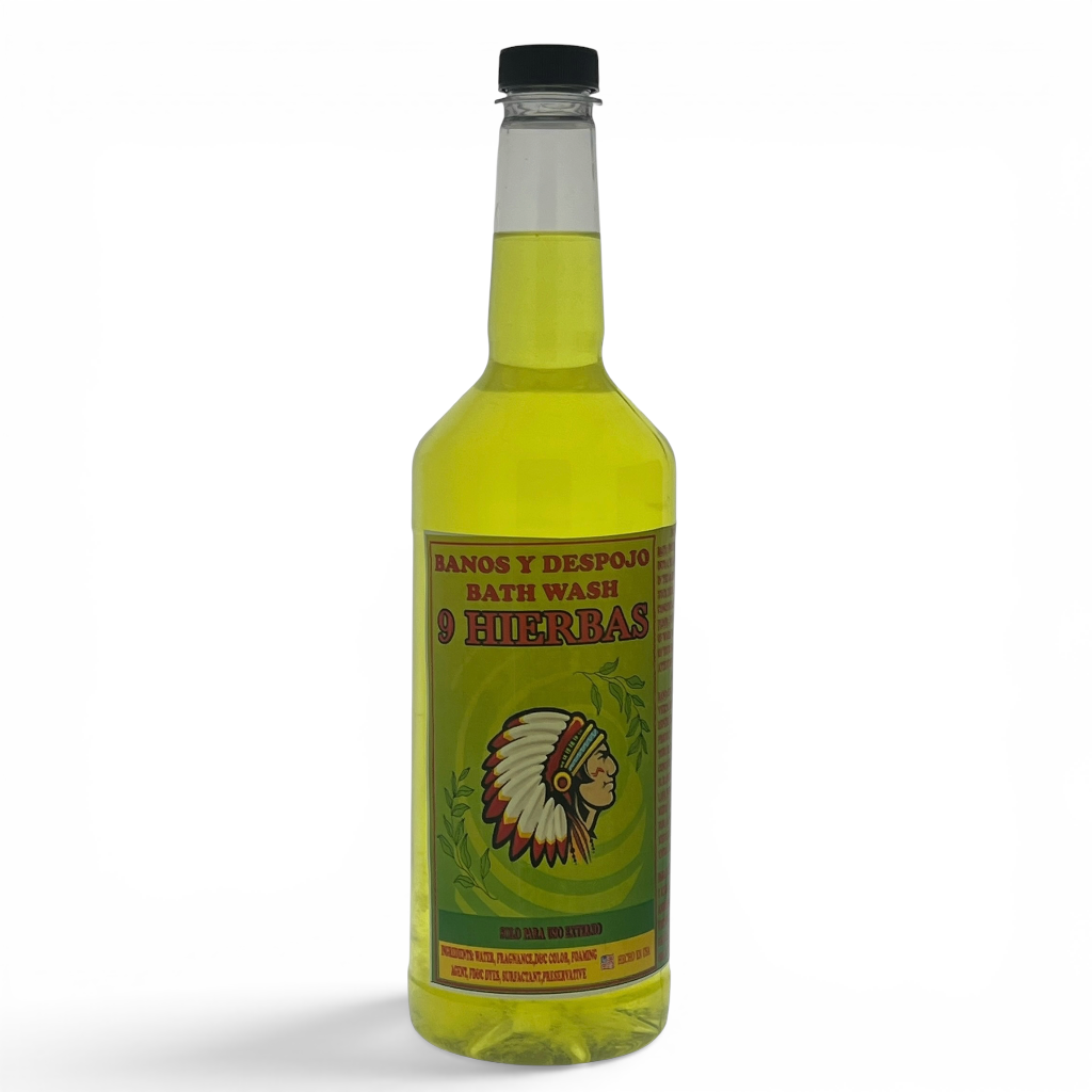 A bottle of bath wash with a black cap and a green label featuring a Native American headdress illustration, on a white background.
