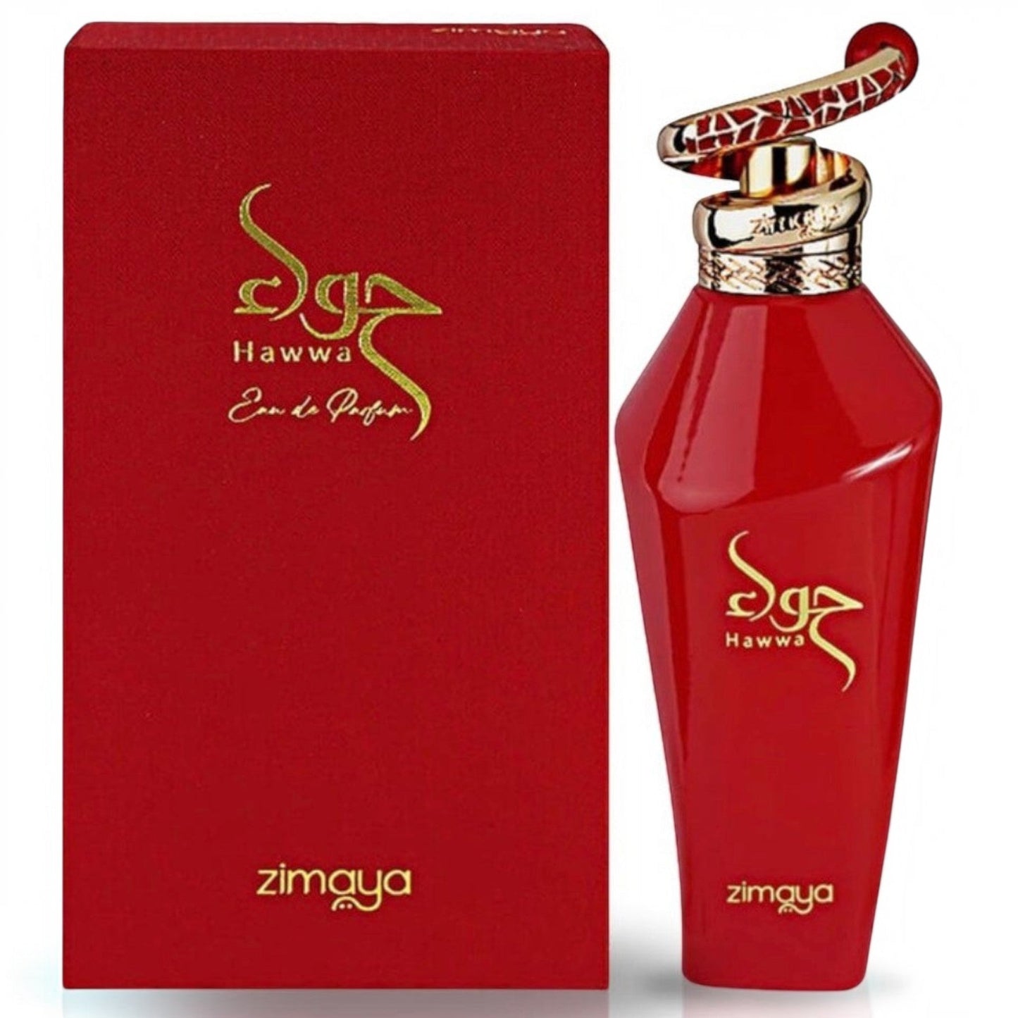 Red Zimgya Hawwa perfume bottle and packaging on a white background
