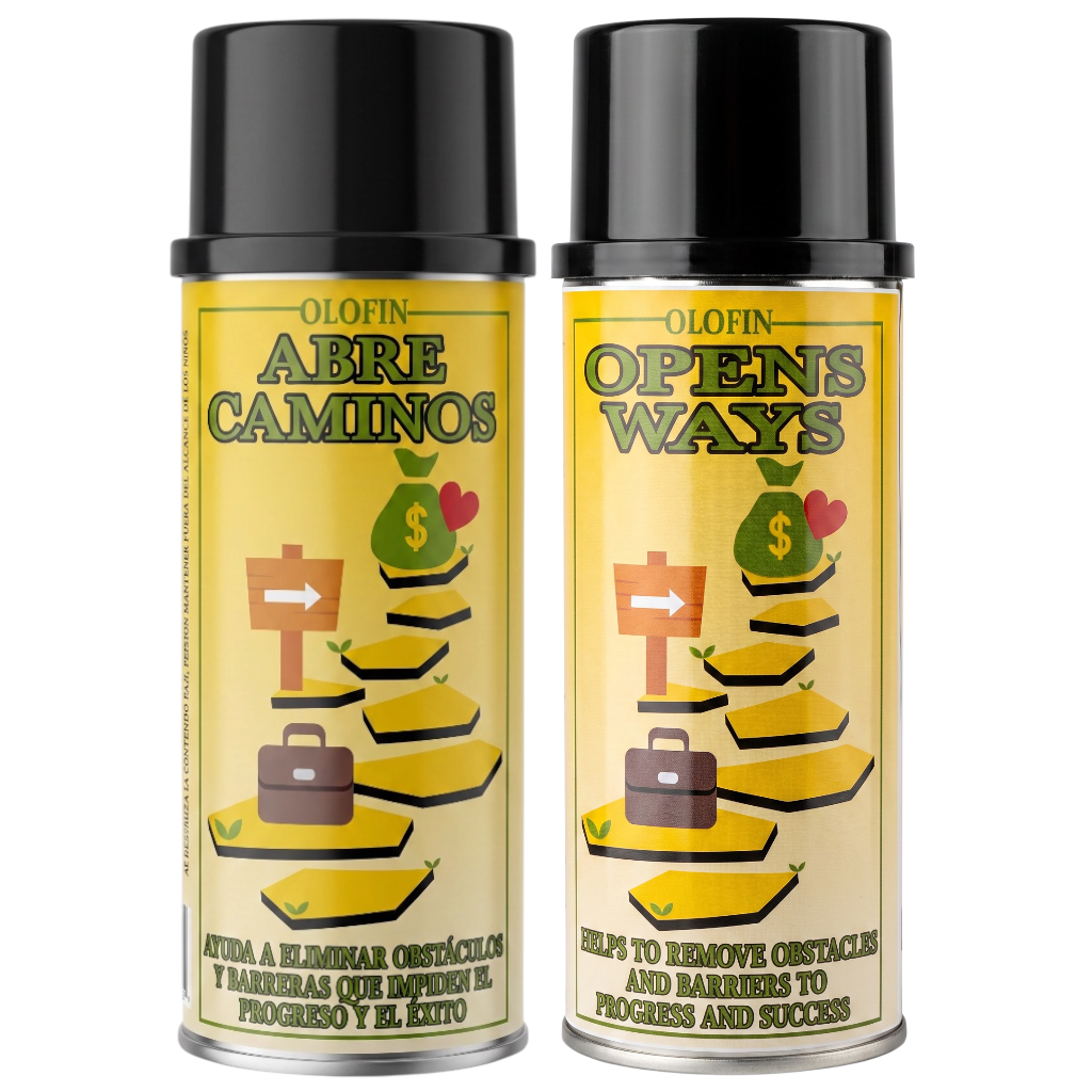 Two identical spray cans of Olofin 'Abre Caminos / Opens Ways' shown side by side on a plain white background. The cans are black at the top with pale yellow labels featuring a graphic of a path made of yellow money bags and a briefcase.