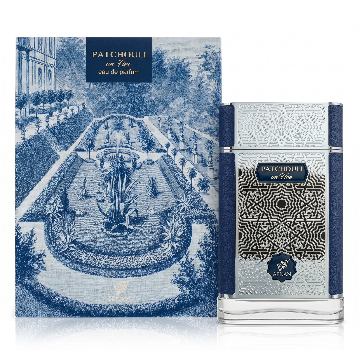 Perfume bottle and packaging with garden illustration on a white background