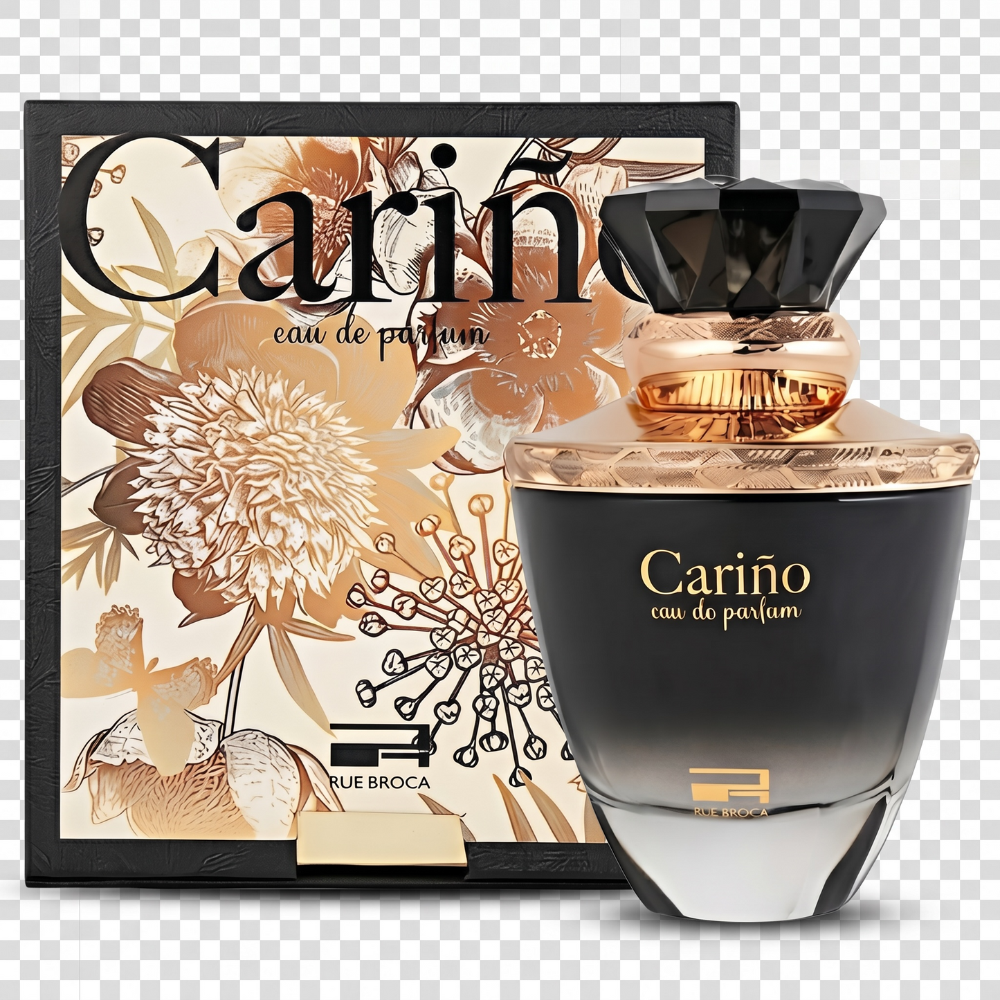 Carino eau de parfum bottle and packaging on a transparent background