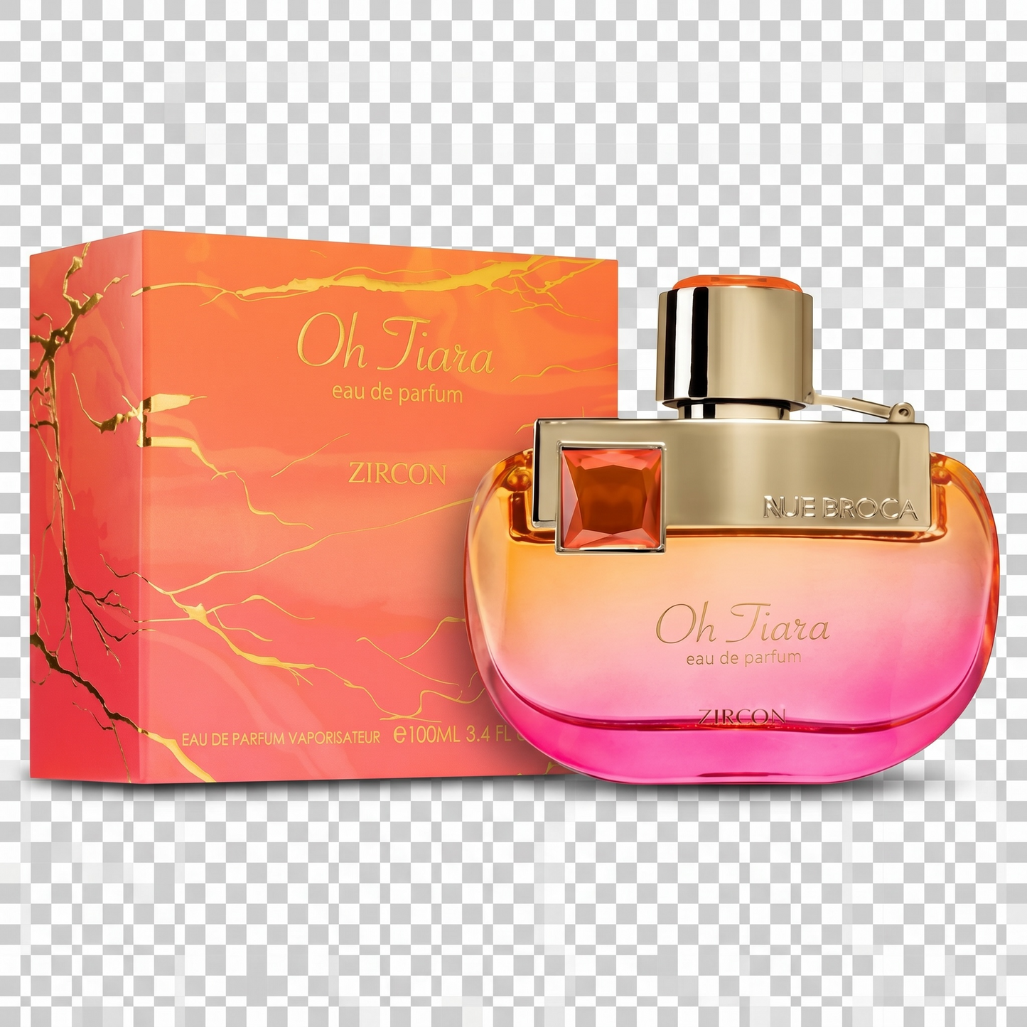 Oh Tiara perfume bottle and packaging on a transparent background