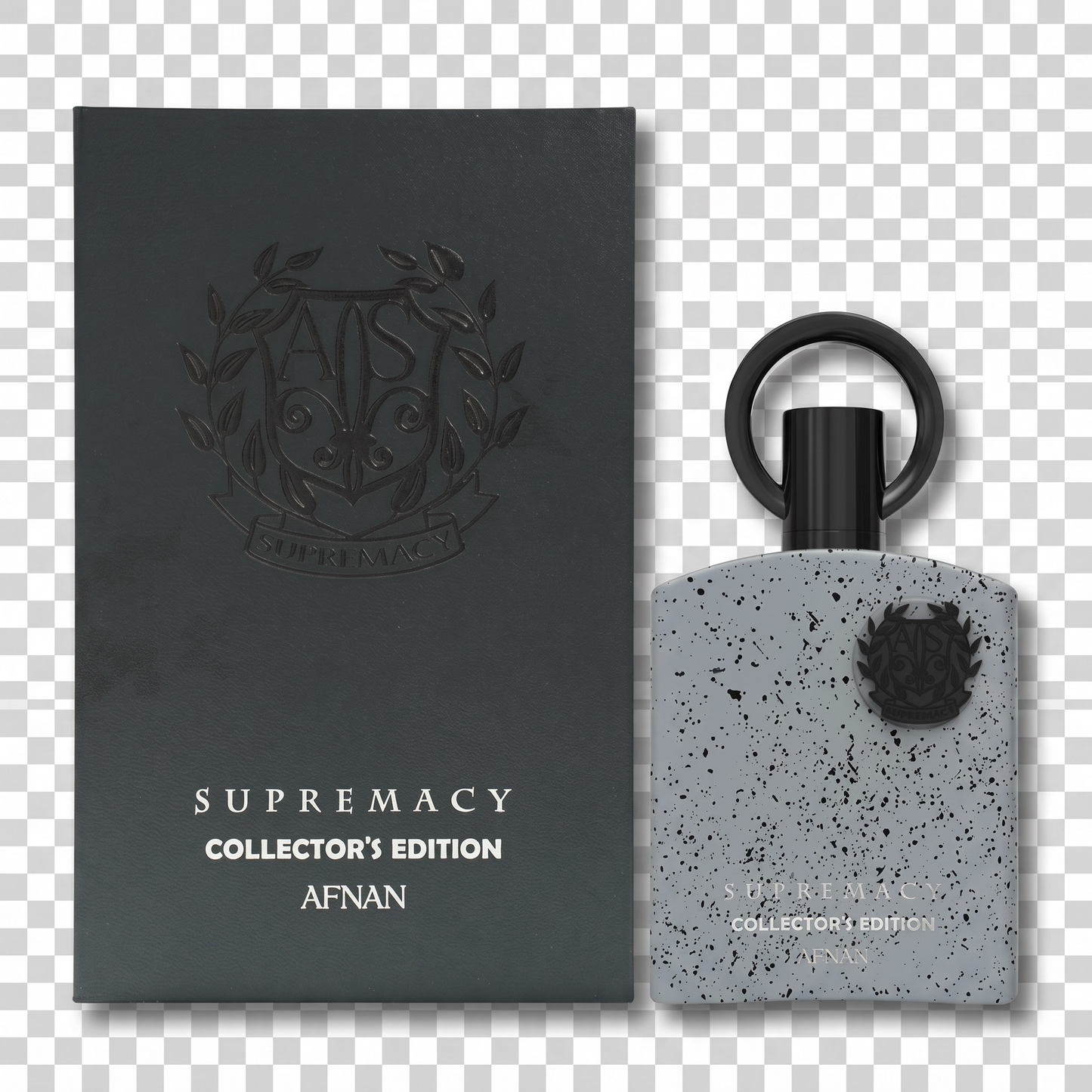 Supremacy Collector's Edition Afnan perfume bottle and packaging on a transparent background