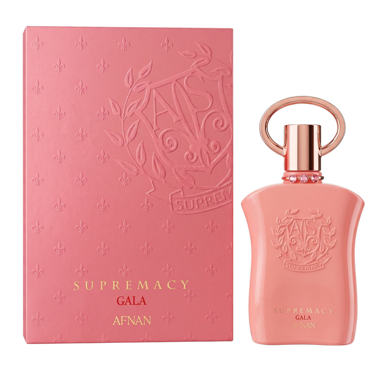 Pink perfume bottle and packaging with 'Supremacy Gala' branding on a white background