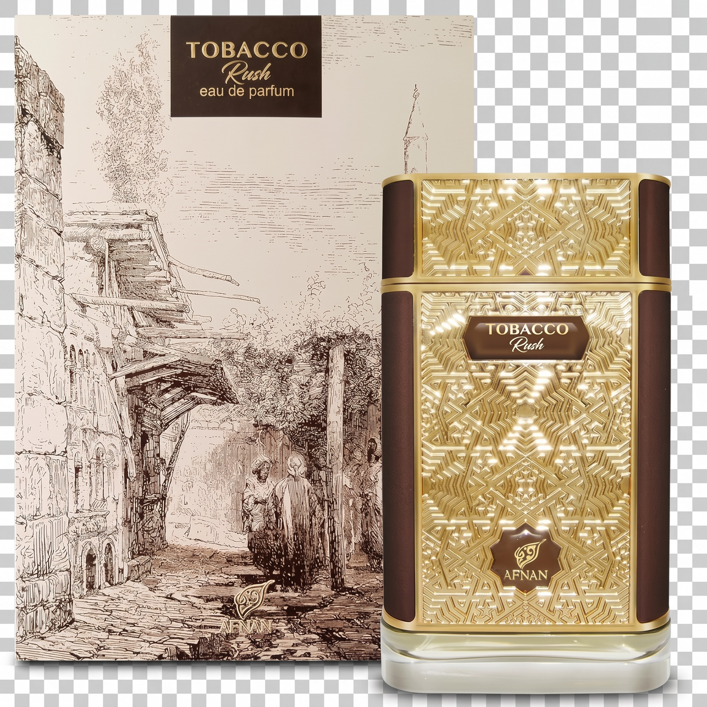 Tobacco Rush perfume bottle and packaging with intricate designs on a transparent background