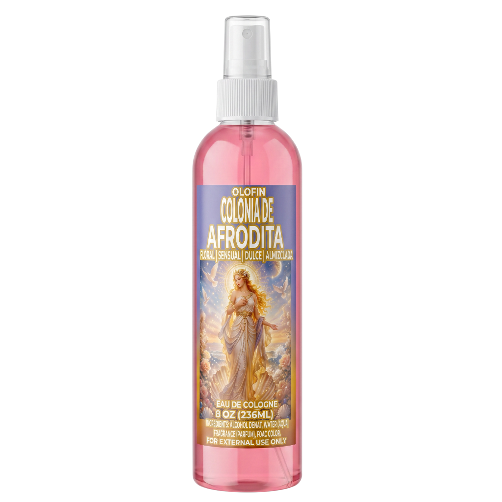 A bottle of Olofin Colonia de Afrodita body spray, featuring a pink translucent liquid inside a clear bottle with a white spray nozzle and a colorful label depicting an ancient Greek goddess.