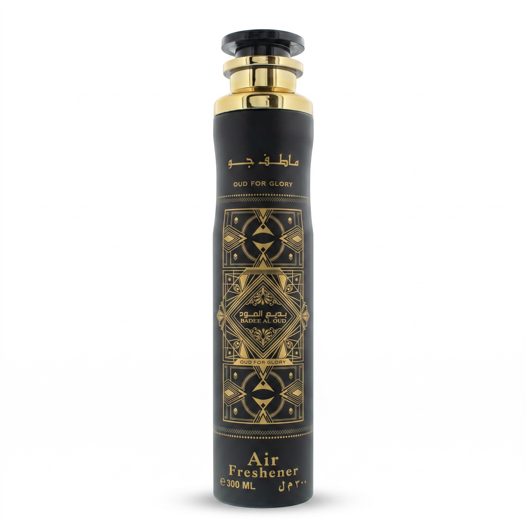 Black and gold air freshener bottle on a white background