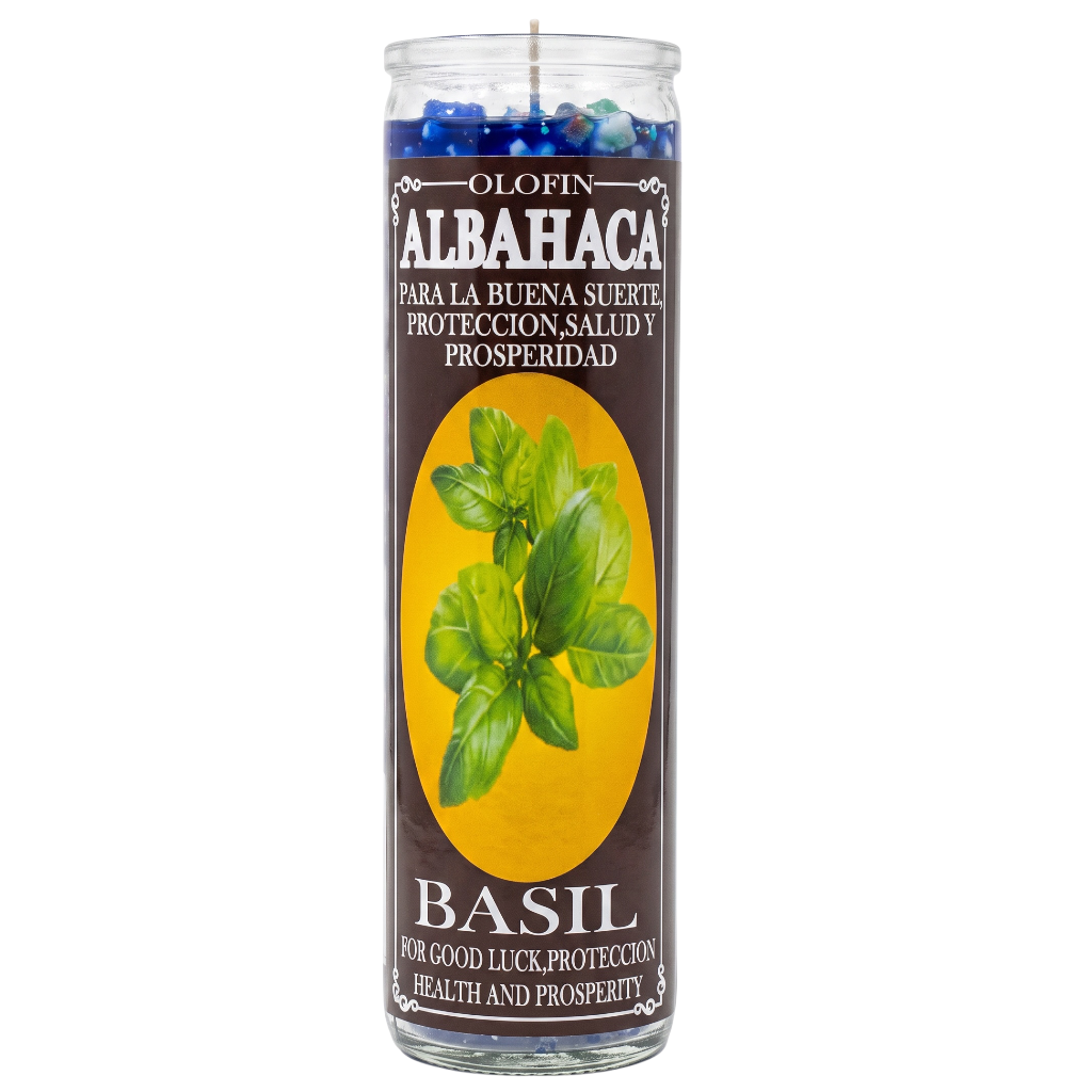 A tall glass jar candle labeled 'Olofin Albahaca Basil' with a dark brown label, yellow oval center, green basil leaves, and blue wax beads visible at the top, shown on a white background.