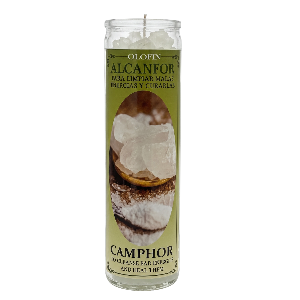 A tall glass jar candle labeled 'Olofin Alcanfor' with camphor imagery on a light olive-green label, shown against a plain white background.