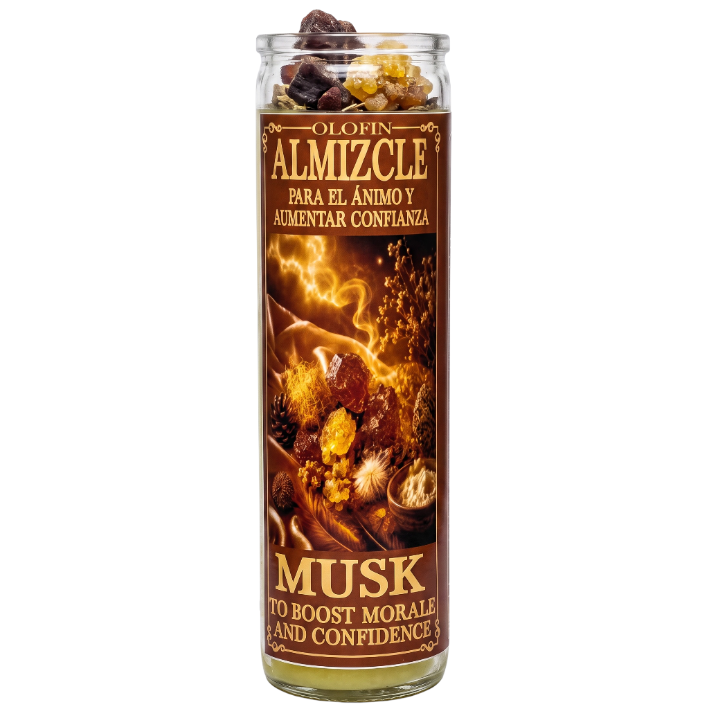 A tall glass jar candle labeled 'Olofin Almizcle Musk' with a brown label featuring fiery orange and yellow artwork, shown on a plain white background.