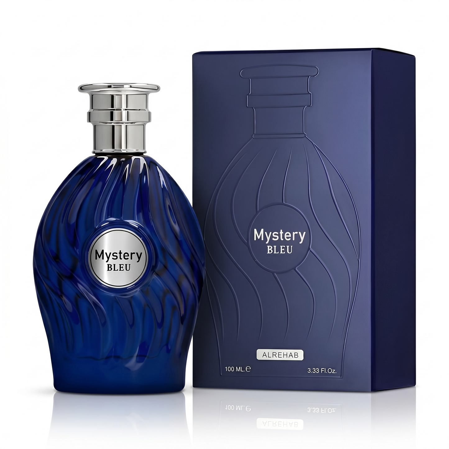 Blue perfume bottle and packaging with 'Mystery Bleu' branding on a white background