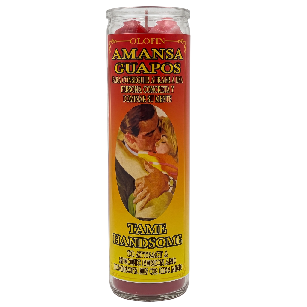 A tall glass jar candle with red wax and a colorful printed label reading 'Olofin Amansa Guapos' and 'Tame Handsome,' shown on a plain white background.