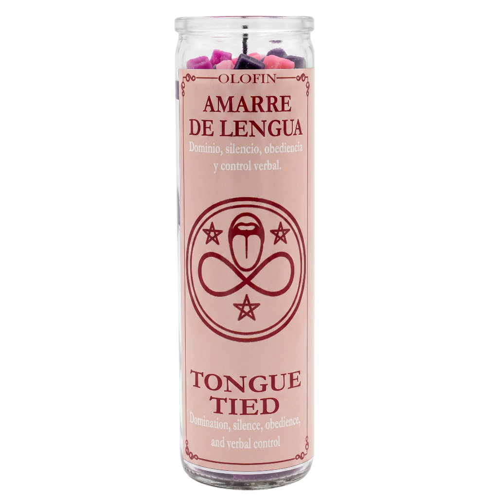 A tall glass jar candle with a pale pink label reading 'Olofin Amarre de Lengua Tongue Tied' in dark red text and symbols, filled with pink and purple wax pieces, on a white background.