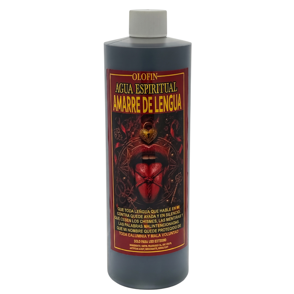 A dark gray bottle of Olofin Agua Espiritual Amarre de Lengua with a white cap and a red and black label featuring a red heart and occult symbols.