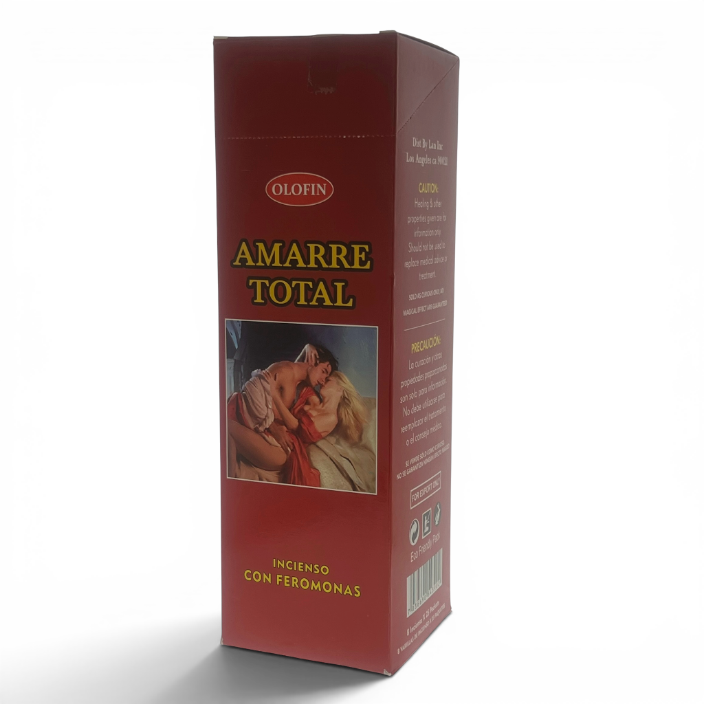 A tall red rectangular box of Olofin Amarre Total incense with Spanish text and a small photo of two people on the front, photographed on a white background.