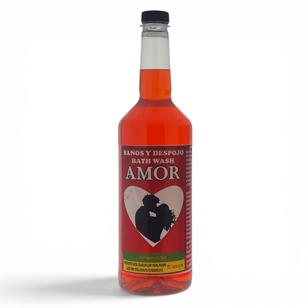 A bottle of Amor bath wash with a red liquid, featuring a red label with a black silhouette of a couple and a heart, on a white background.