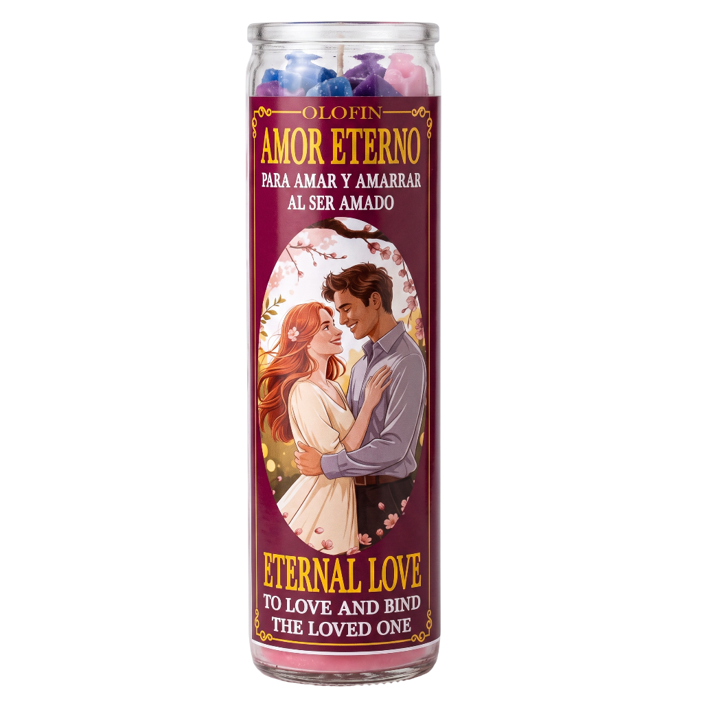 A tall glass jar candle with a deep burgundy label featuring an illustration of a romantic couple and Spanish and English text reading 'Amor Eterno' and 'Eternal Love.' The candle is photographed upright on a plain white background.