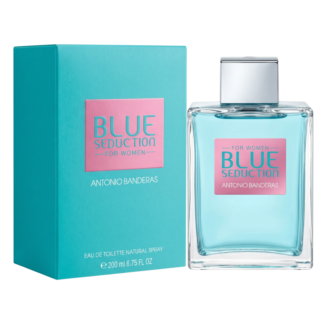 Antonio Banderas Blue Seduction perfume bottle and packaging on a white background
