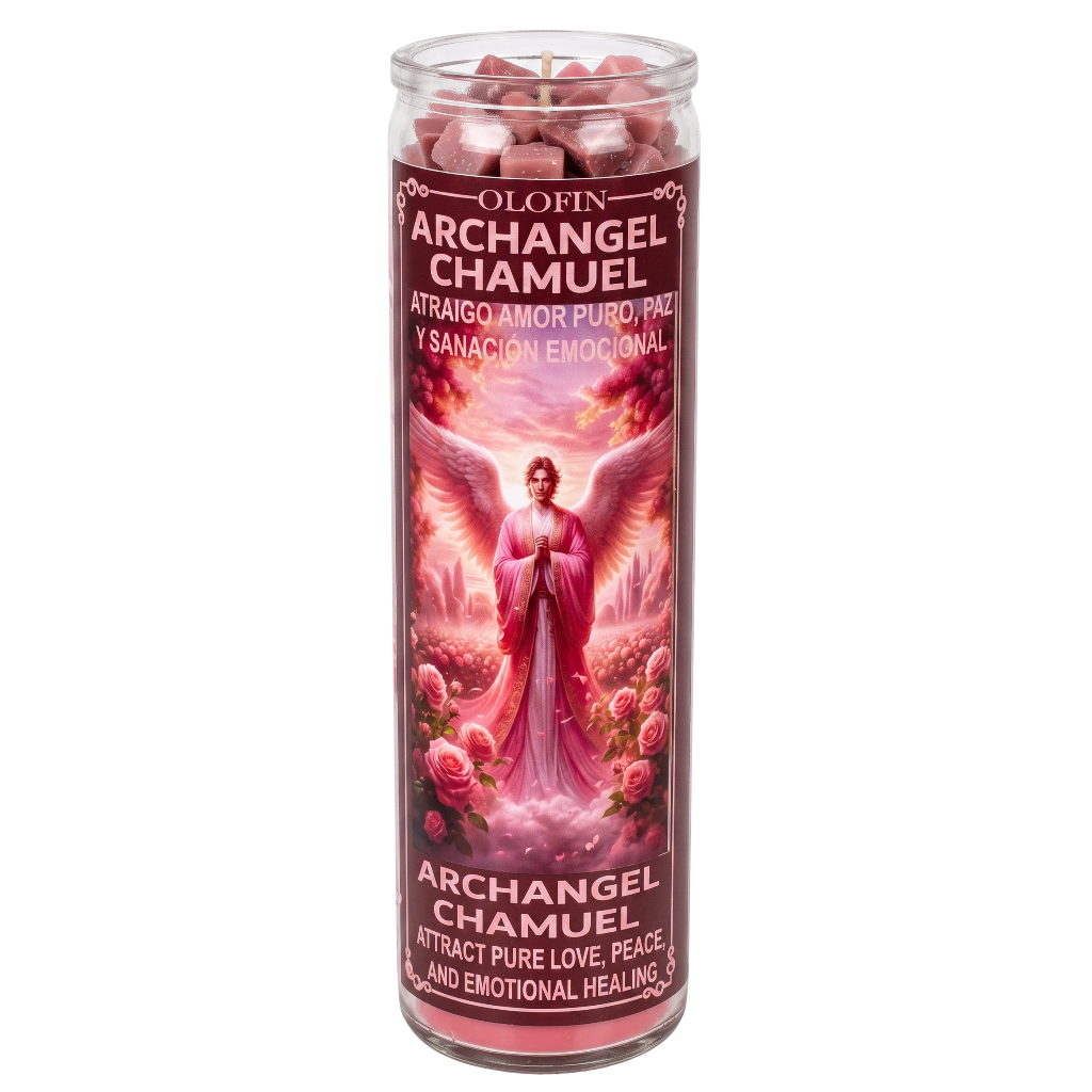 A tall glass jar candle labeled 'Olofin Archangel Chamuel' with a pink and red angel illustration on the front, shown on a plain white background.