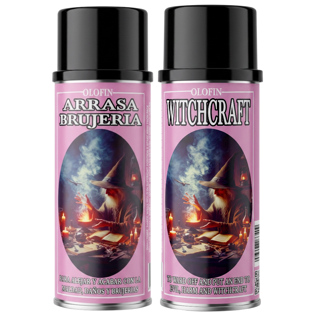 Two Olofin Arrasa Brujeria and Witchcraft themed spray paint cans with black caps and pink labels featuring a wizard illustration, set against a plain white background.