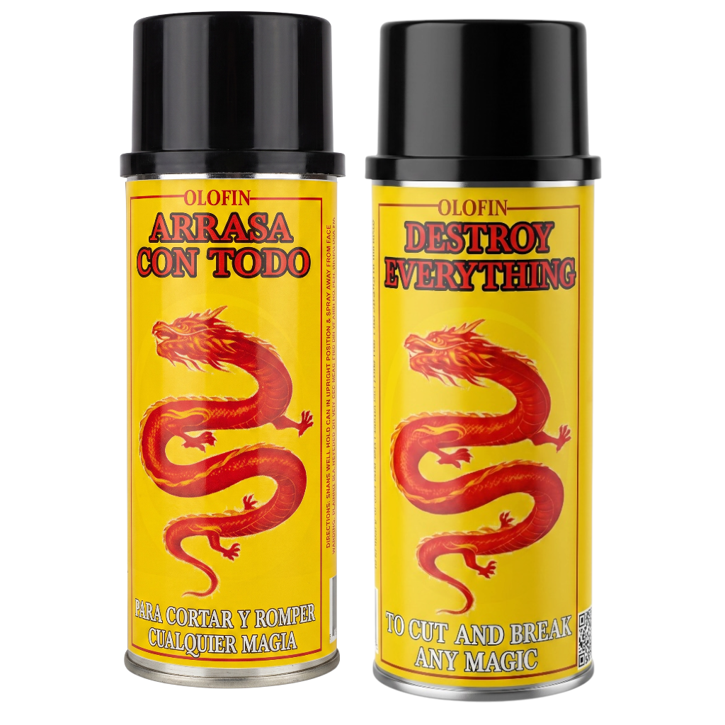 Two yellow Olofin spray cans with black caps, featuring red dragon illustrations and Spanish text reading 'Arrasa Con Todo' and 'Destroy Everything'.