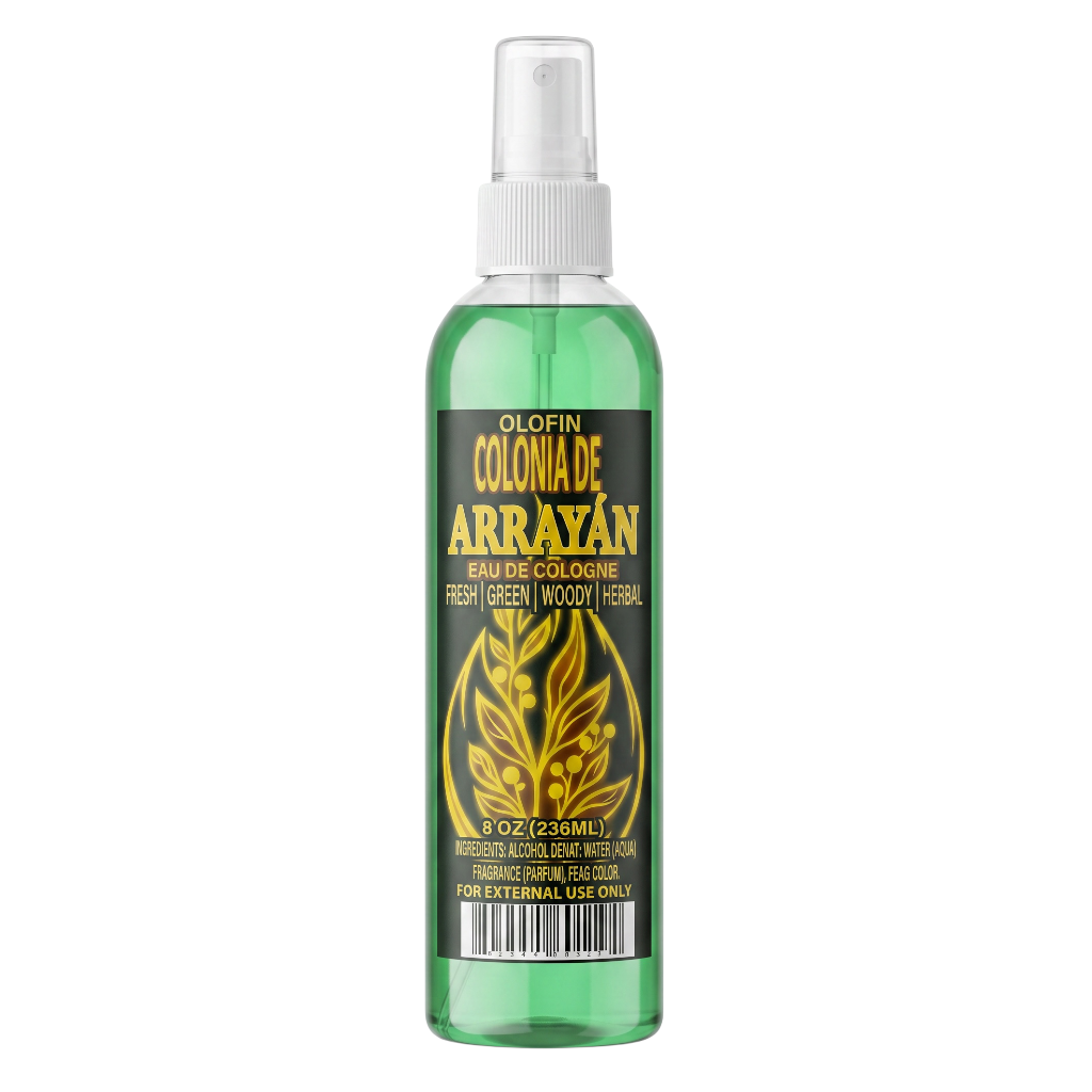 A 9 oz spray bottle of Olofin Colonia de Arrayán Eau de Cologne, featuring a translucent green liquid, a white spray nozzle, and a black label with gold lettering and a leaf graphic.
