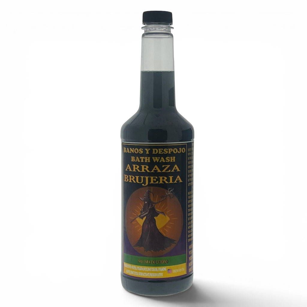 A bottle of Arraza Brujeria bath wash with dark liquid, featuring a black cap and a label with a witch illustration on a white background.