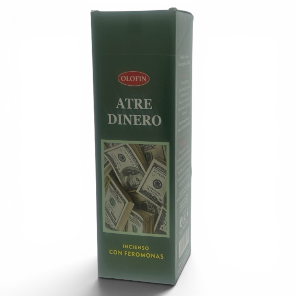 A tall rectangular green box of Olofin Atre Dinero incense with a photo of dollar bills on the front, photographed on a white background.