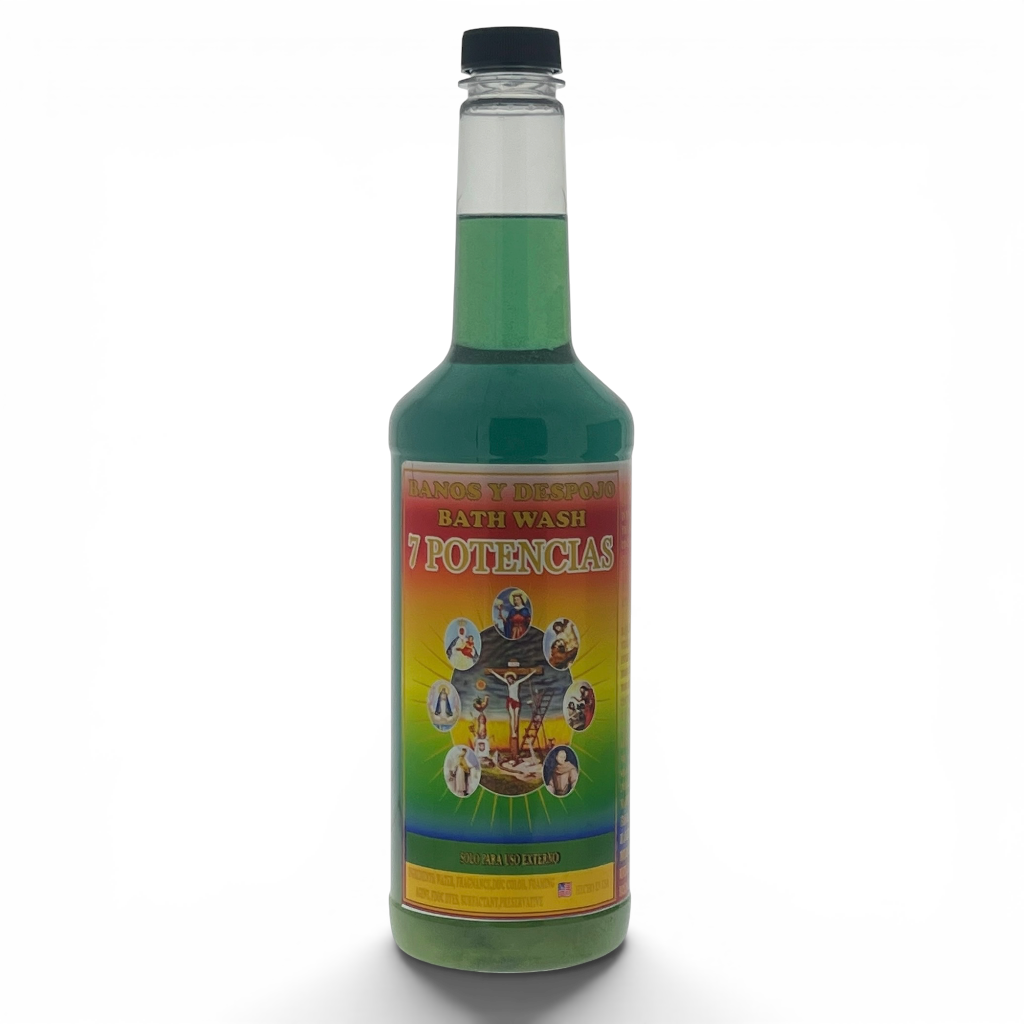 A bottle of 'Potencias' bath wash by 'Bajo de Agua' on a white background. The bottle is filled with green liquid and features a colorful label with religious imagery and text.