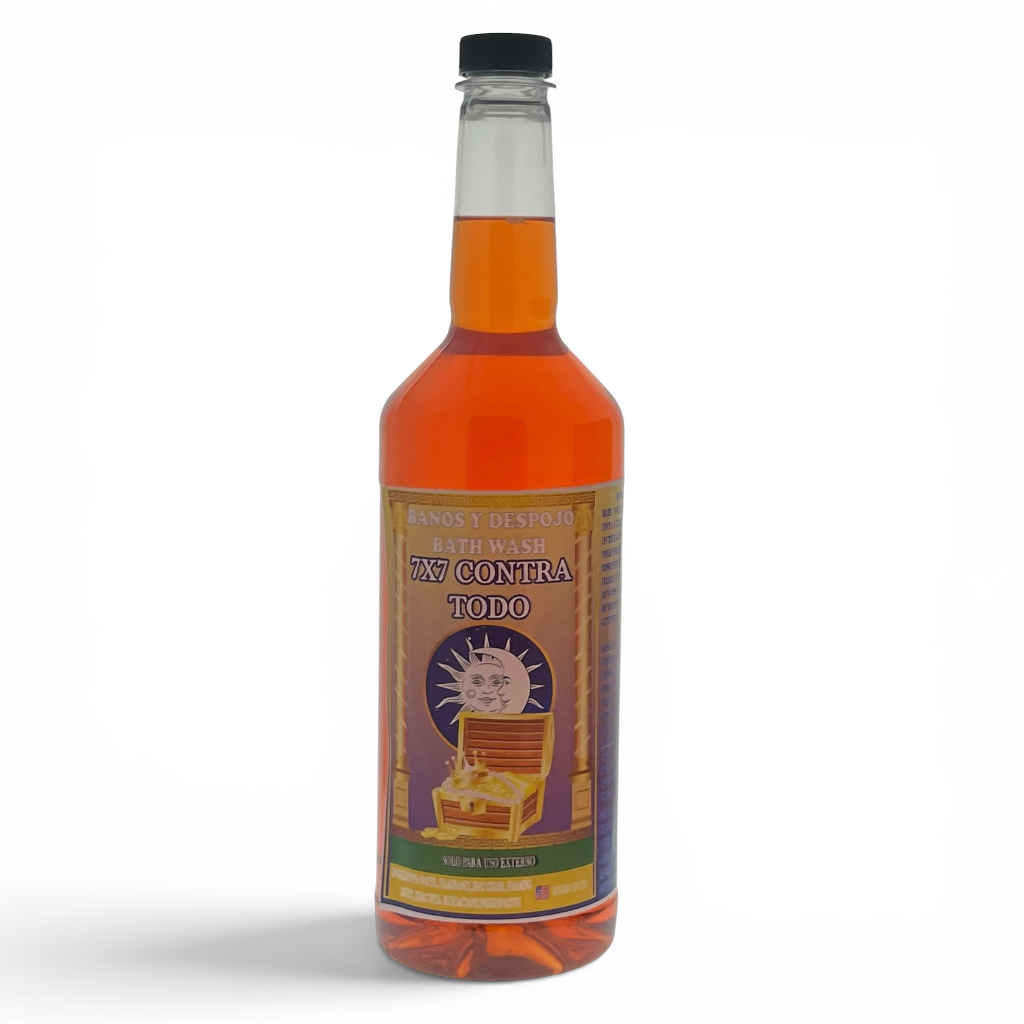 A bottle of 'Nin Contra Todo' natural body wash with amber liquid, a black cap, and a colorful label, shown on a white background with a soft shadow.