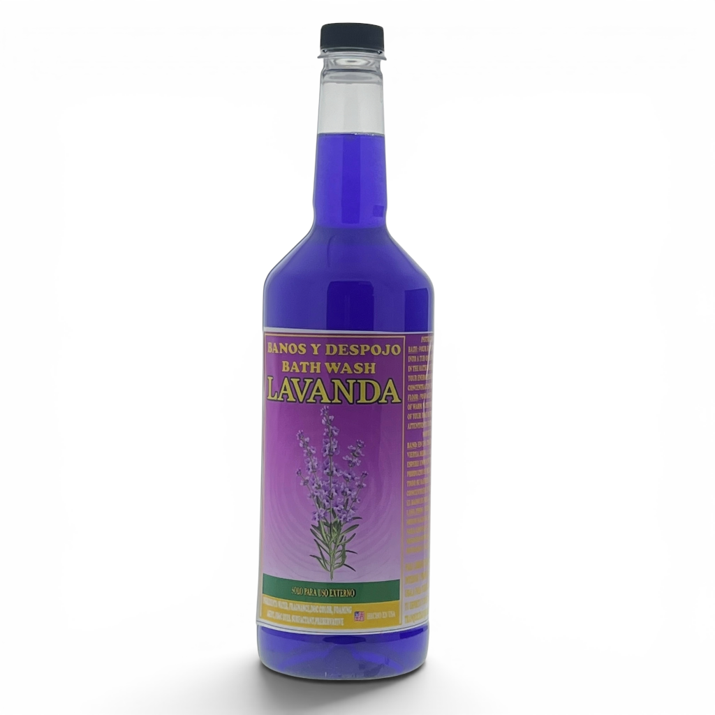 A bottle of Lavanda Bath Wash with a purple and lavender label, featuring a purple liquid inside a clear bottle with a black cap, set against a plain white background.