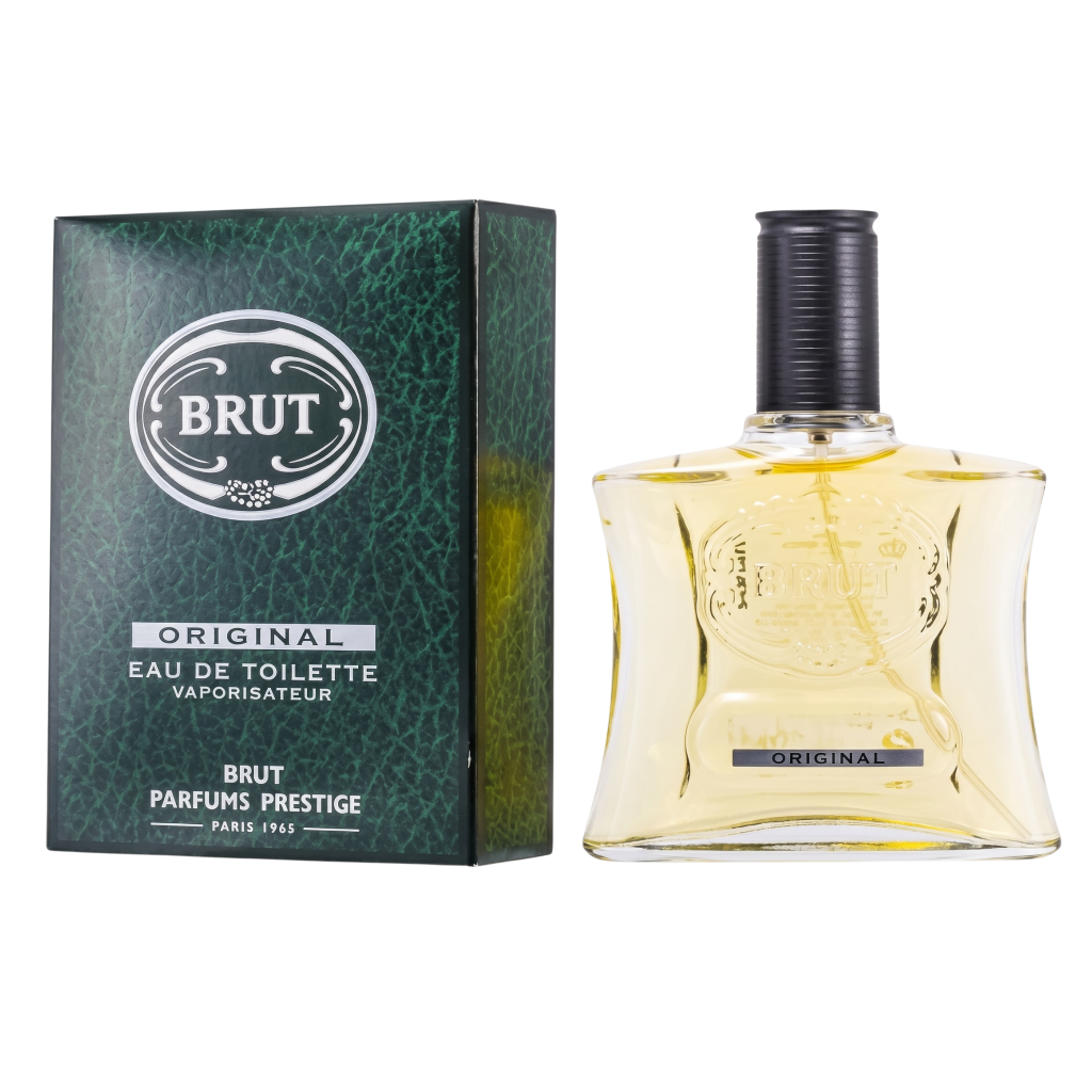 Brut perfume bottle and packaging on a white background