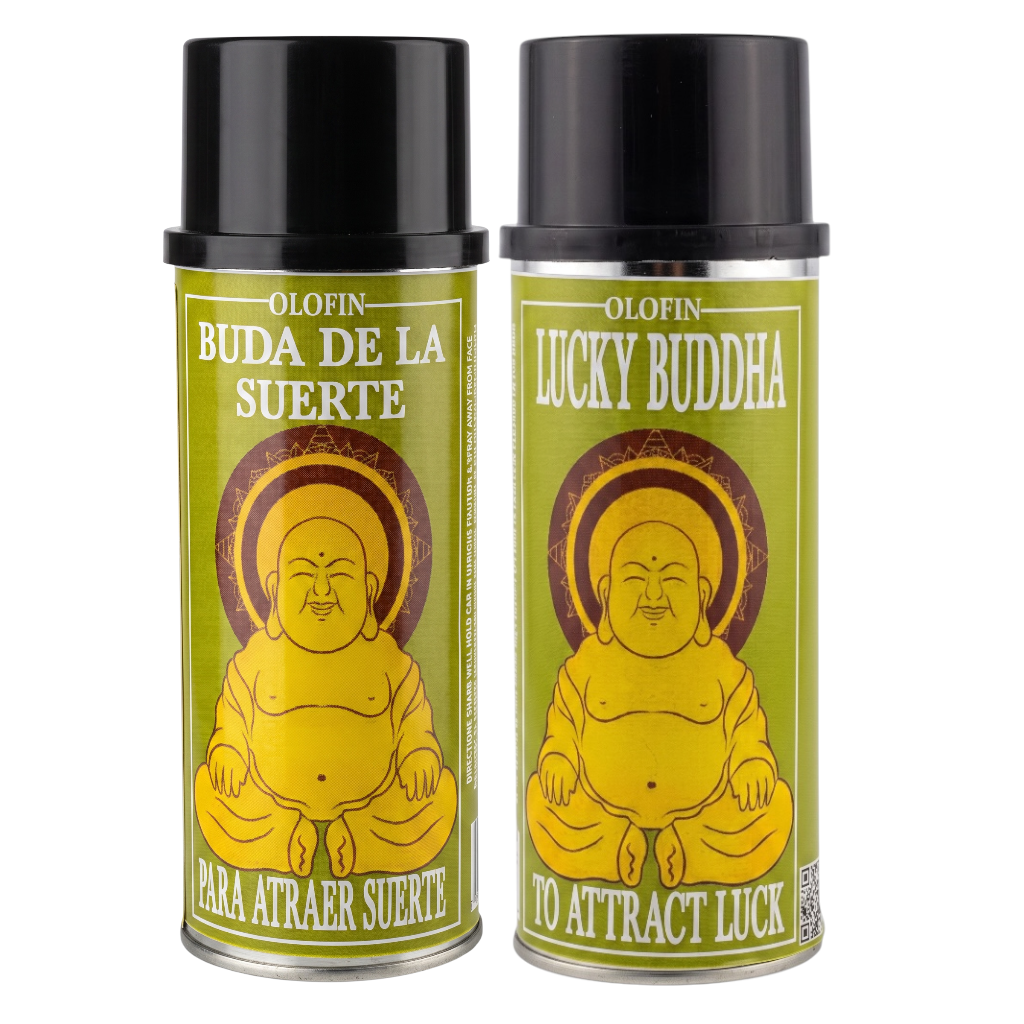 Two Olofin Lucky Buddha aerosol cans with black caps and olive green labels featuring a yellow Buddha illustration, shown on a white background.