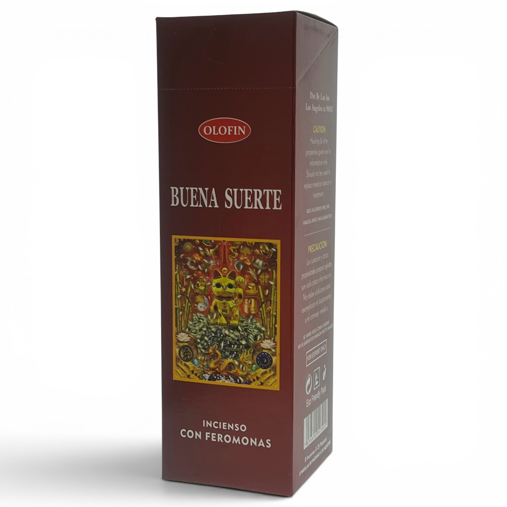 A tall rectangular Olofin incense box labeled 'BUENA SUERTE' with a dark reddish-brown front panel, white text, and a colorful illustrated label near the bottom, shown on a light gray background.