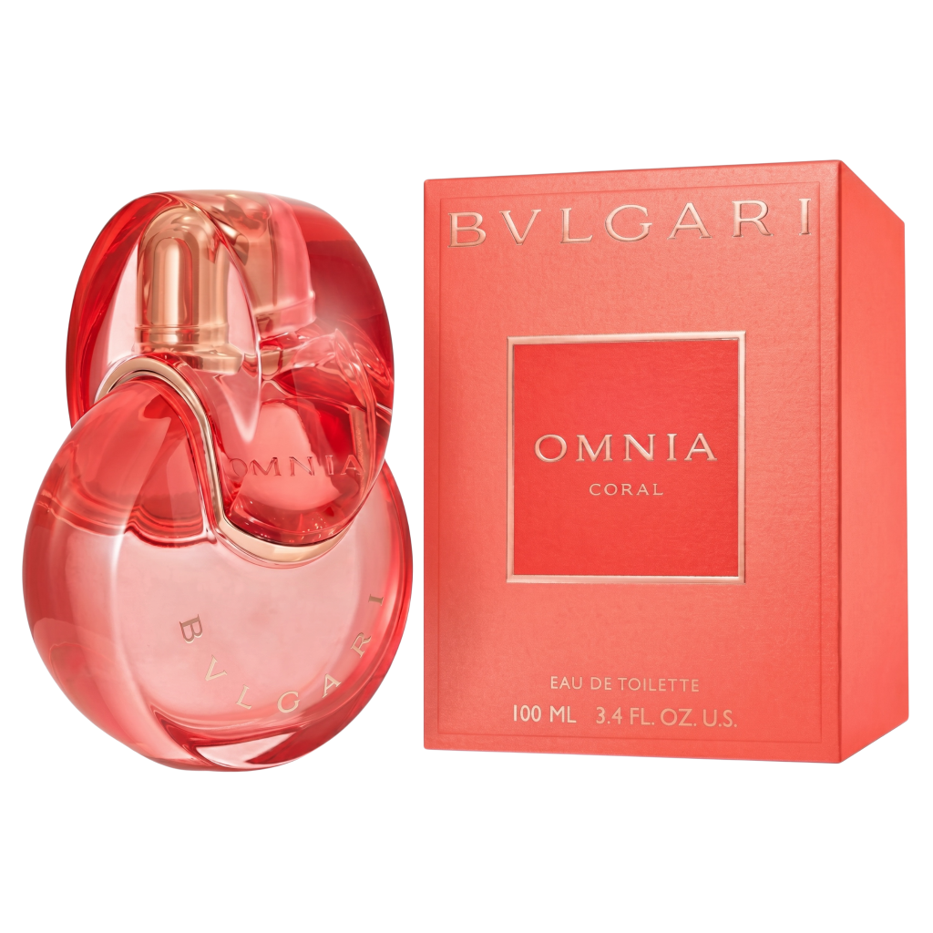 Bulgari Omnia Coral perfume bottle and packaging on a white background