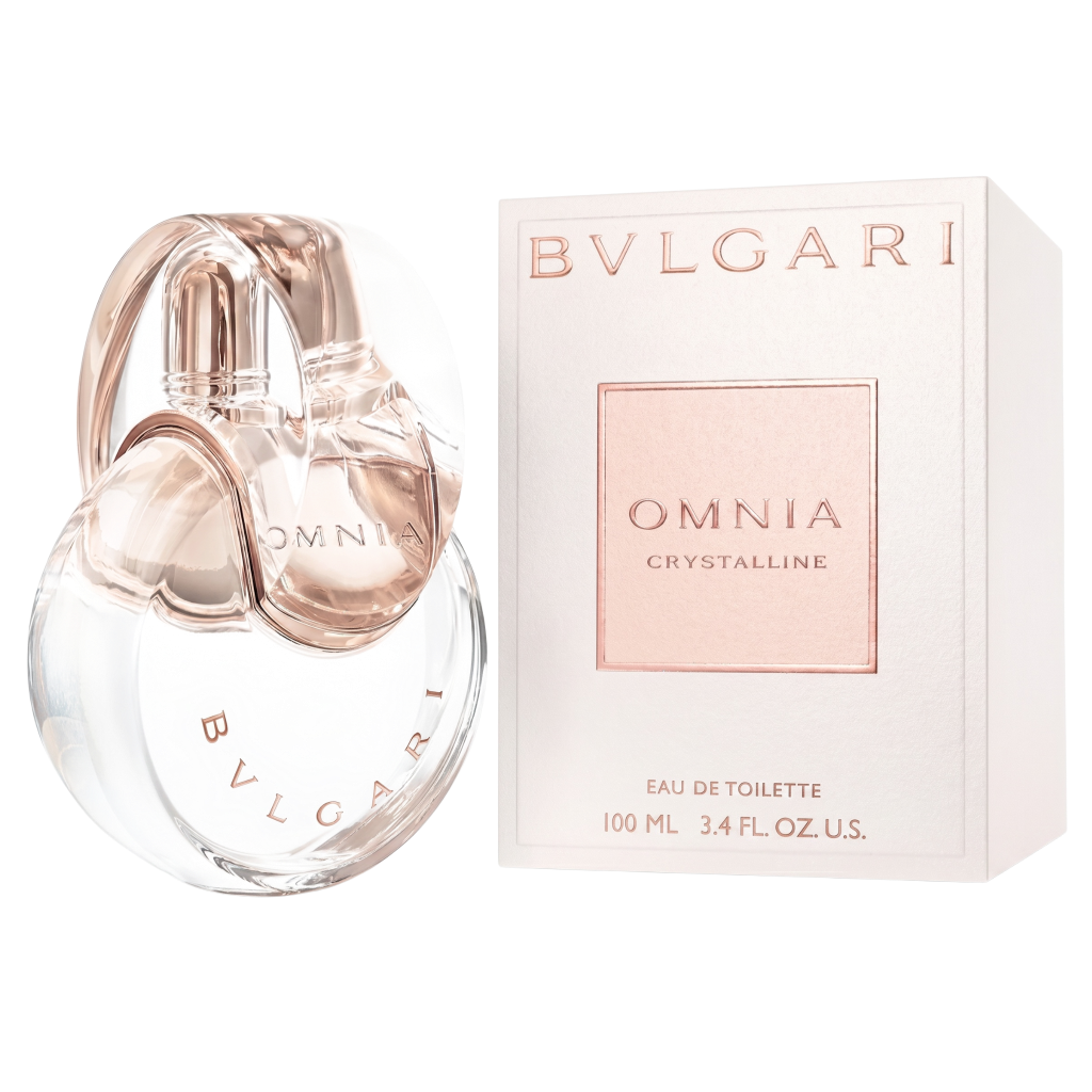 Bulgari Omnia Crystalline perfume bottle and packaging on a white background
