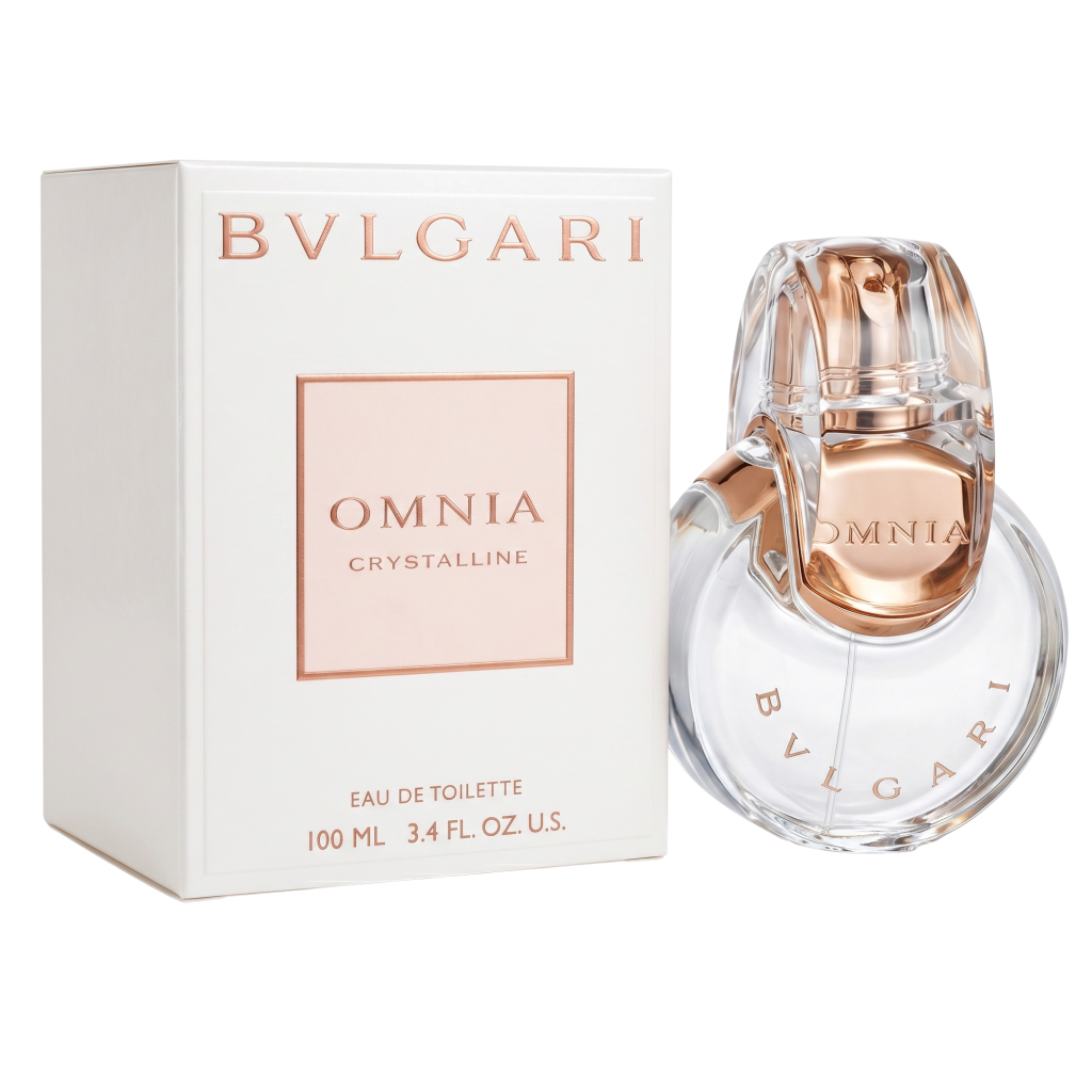Bulgari Omnia Crystalline perfume bottle and packaging on a white background
