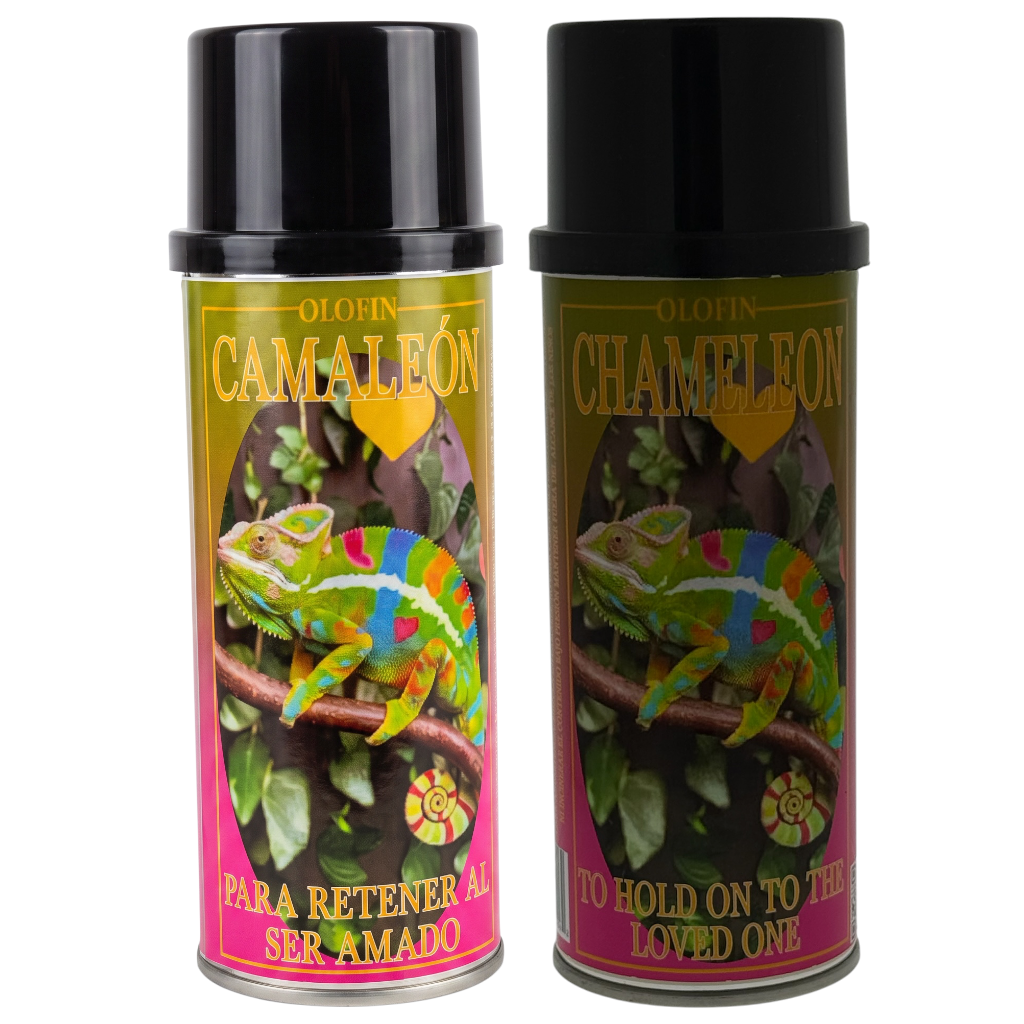 Two spray cans of Olofin Camaleón hair hold-on serum, featuring a colorful chameleon graphic on a gold and pink label with black caps, set against a plain white background.