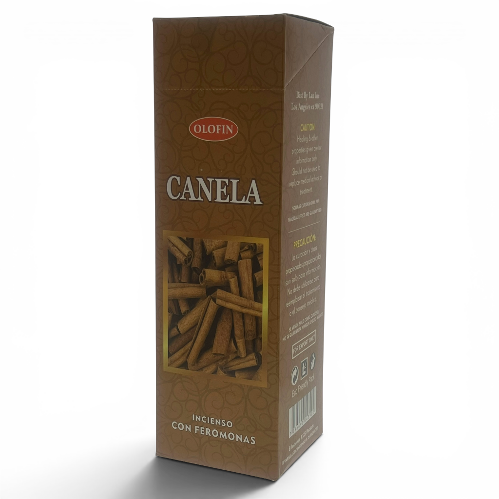 A brown rectangular box of Olofin Canela incienzo con feromonas, featuring a photo of cinnamon sticks on the front, set against a plain white background.