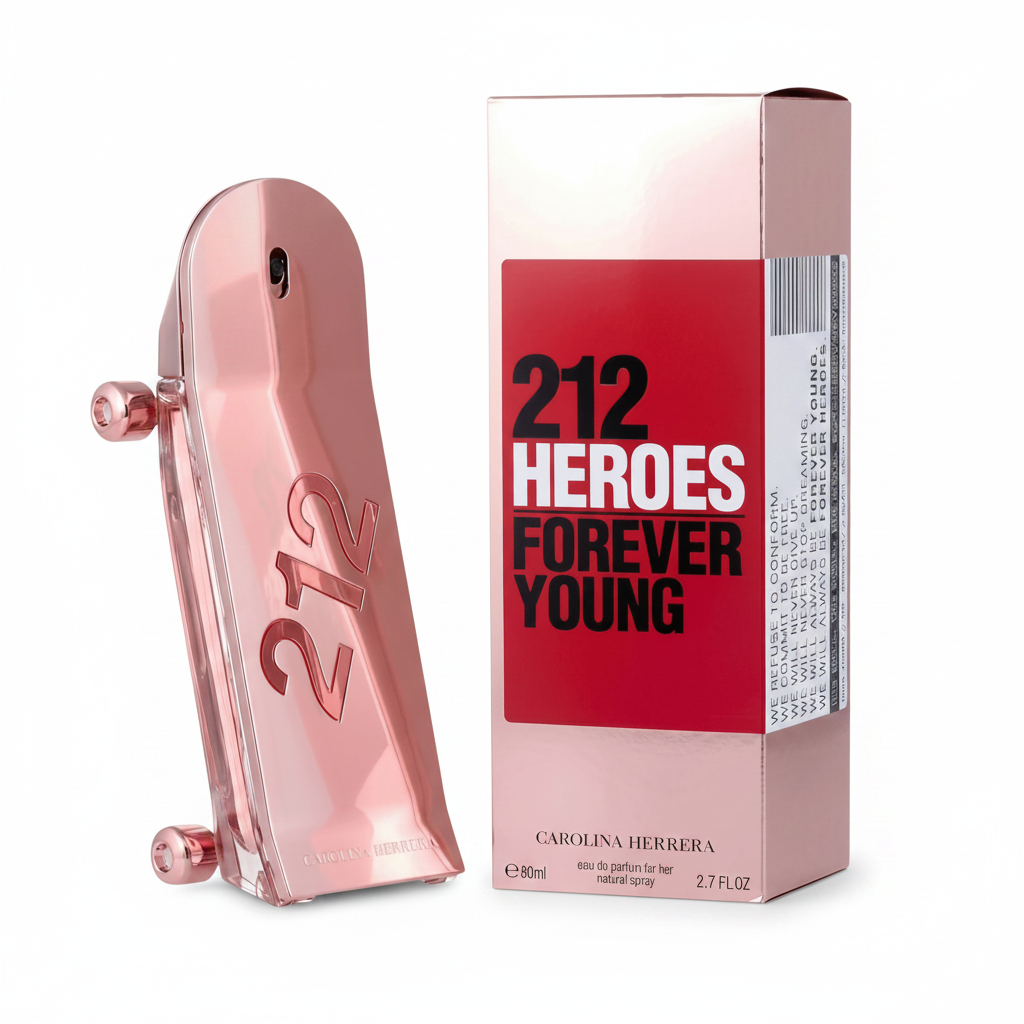 Pink perfume bottle and packaging of Carolina Herrera 212 Heroes Forever Young on a white background
