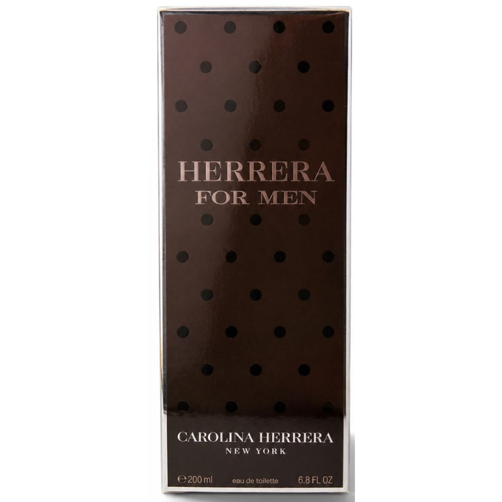 Carolina Herrera for Men perfume packaging with polka dot design on a white background