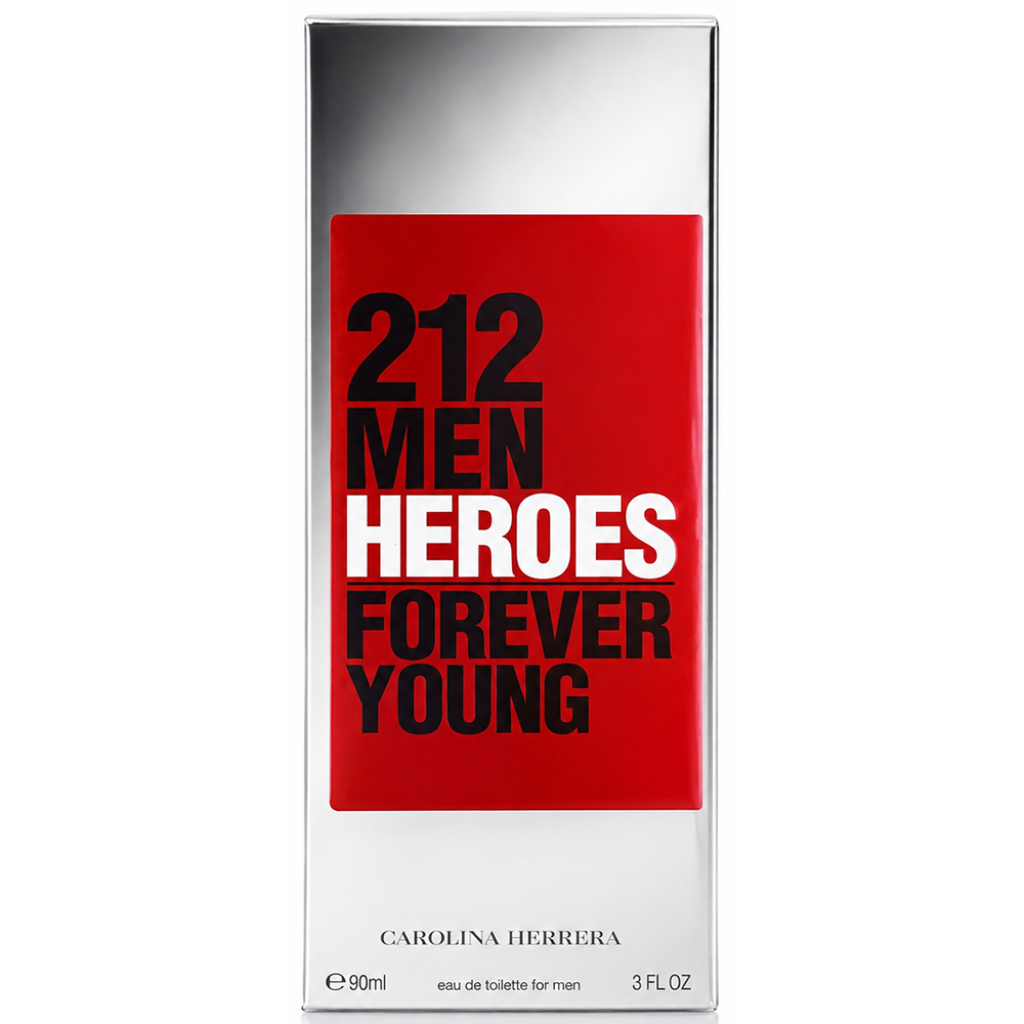 Carolina Herrera 212 Men Heroes Forever Young perfume packaging on a white background