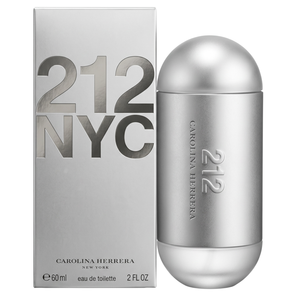 Carolina Herrera 212 NYC perfume bottle and packaging on a white background