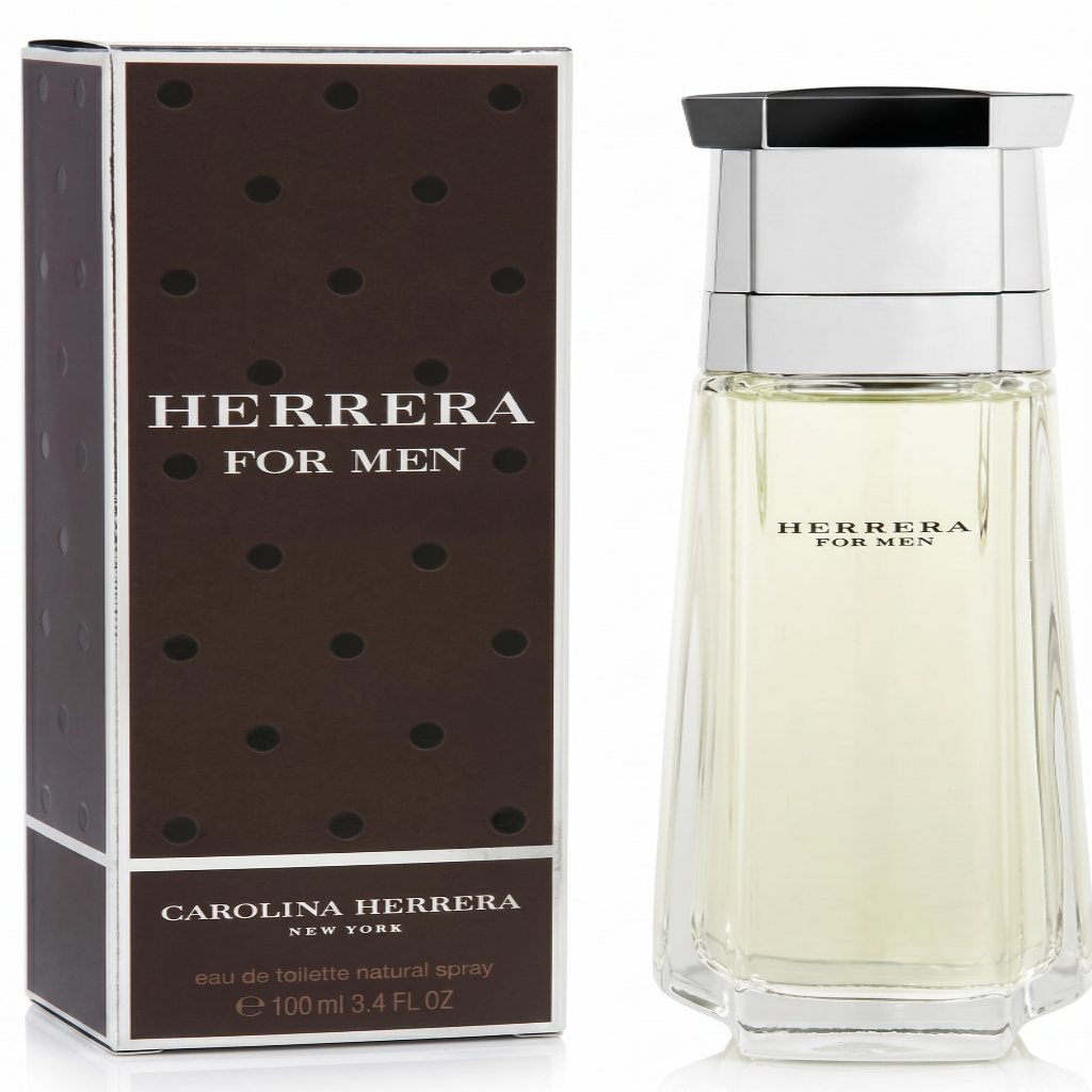 Carolina Herrera Herrera for Men perfume bottle and packaging on a white background